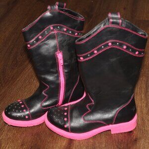Girls Skechers Twinkle Toes Black Faux Leather Cowgirl Boots Pink Trim size 13